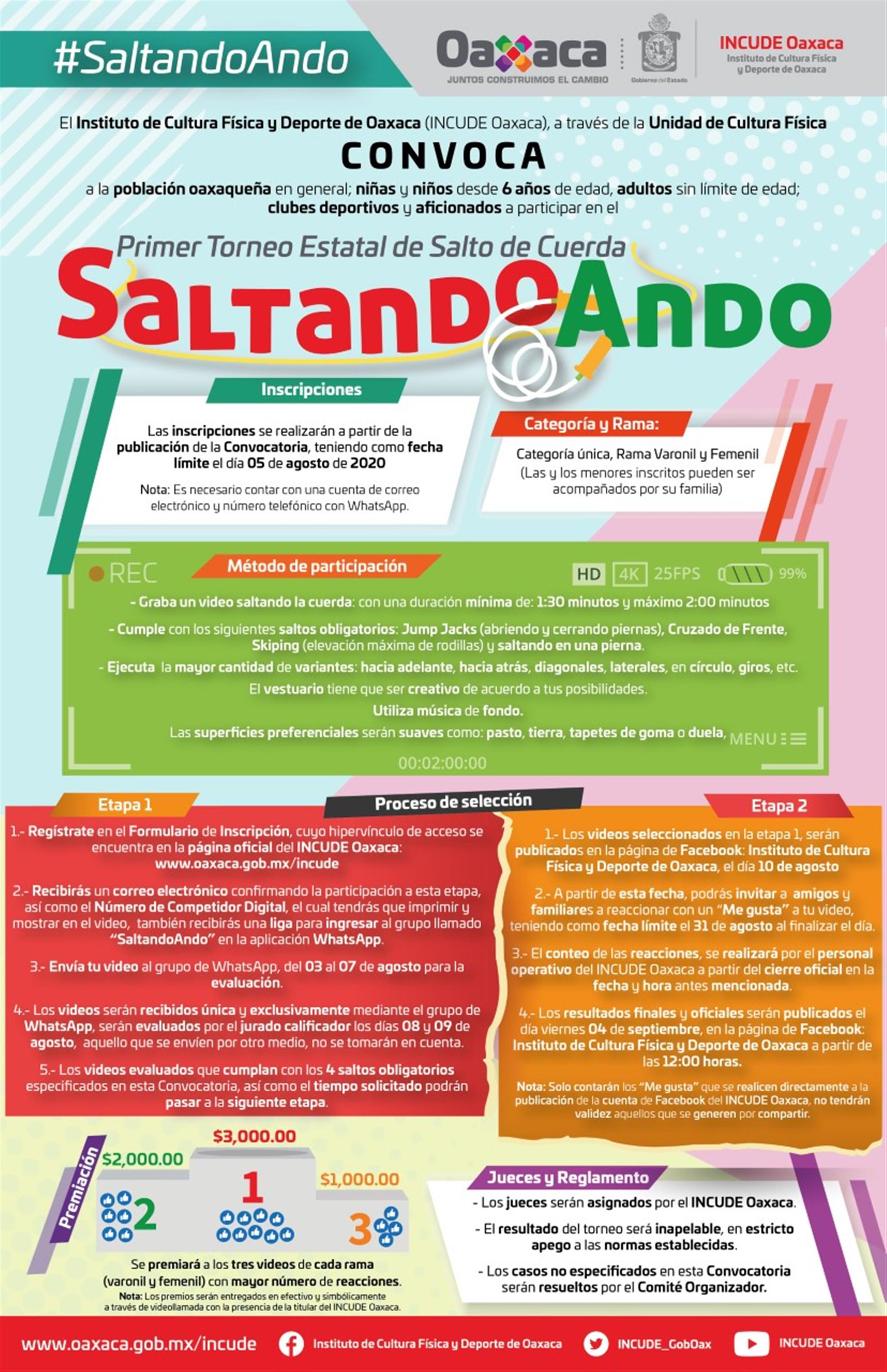 Incude Oaxaca convoca al Primer Torneo Estatal de Salto de Cuerda “Saltando Ando”   