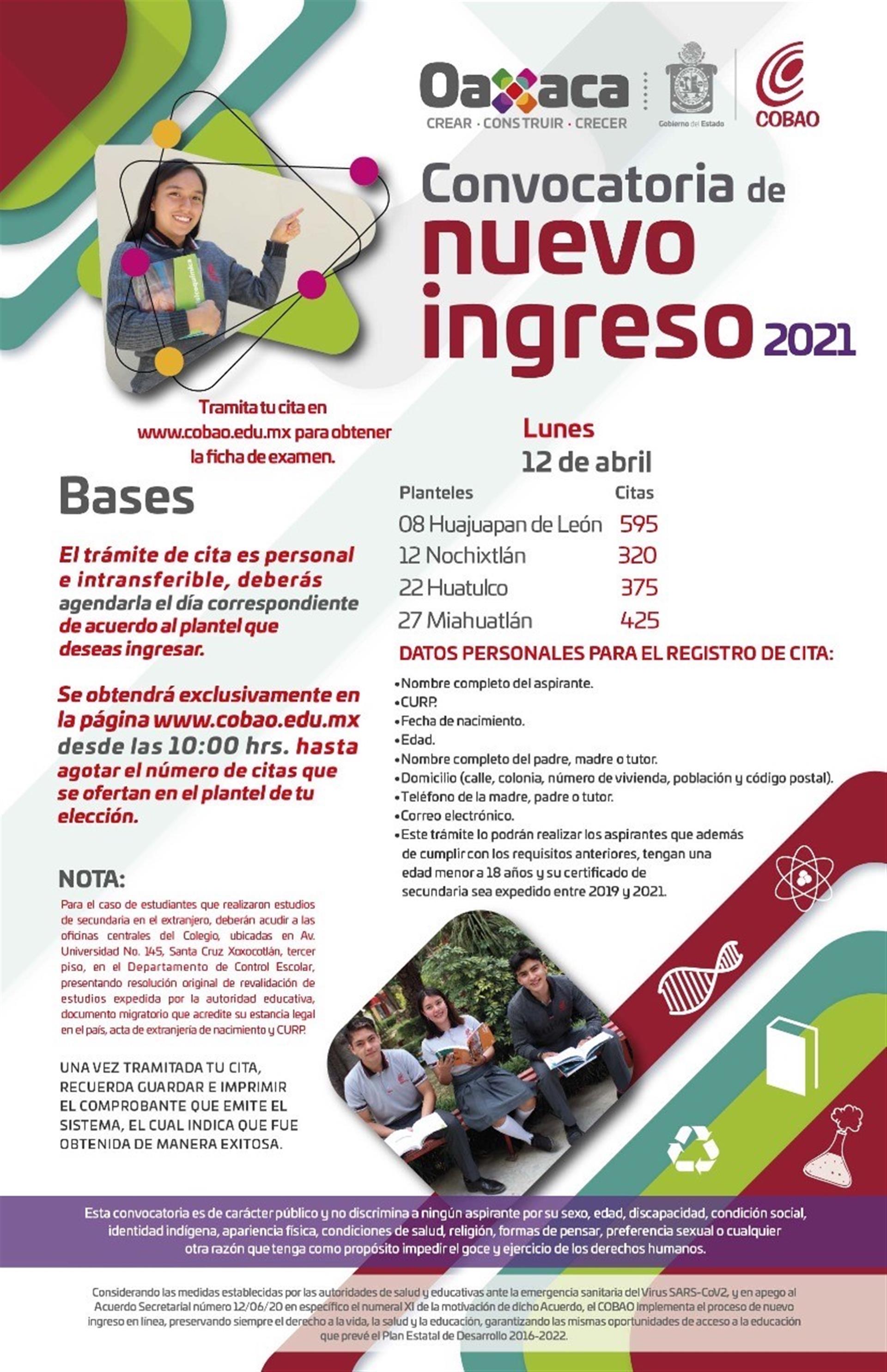 Cobao da a conocer su convocatoria de nuevo ingreso 2021