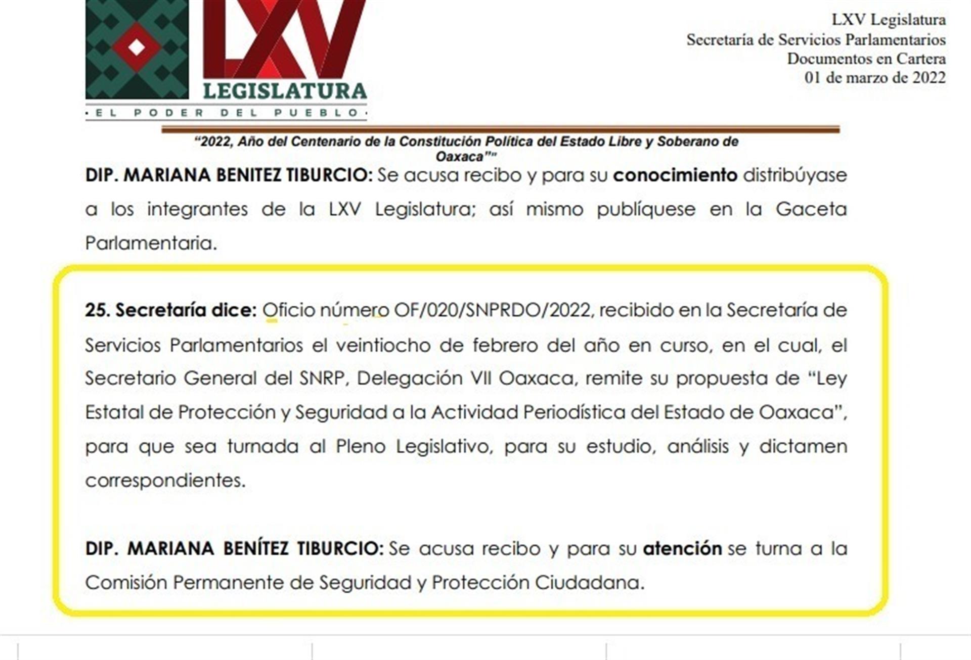 TURNA LEGISLATURA LOCAL LA INICIATIVA DE  “LEY ESTATAL DE PROTECCIÓN Y SEGURIDAD A LA ACTIVIDAD PERIODÍSTICA DEL ESTADO DE OAXACA”, SNRP