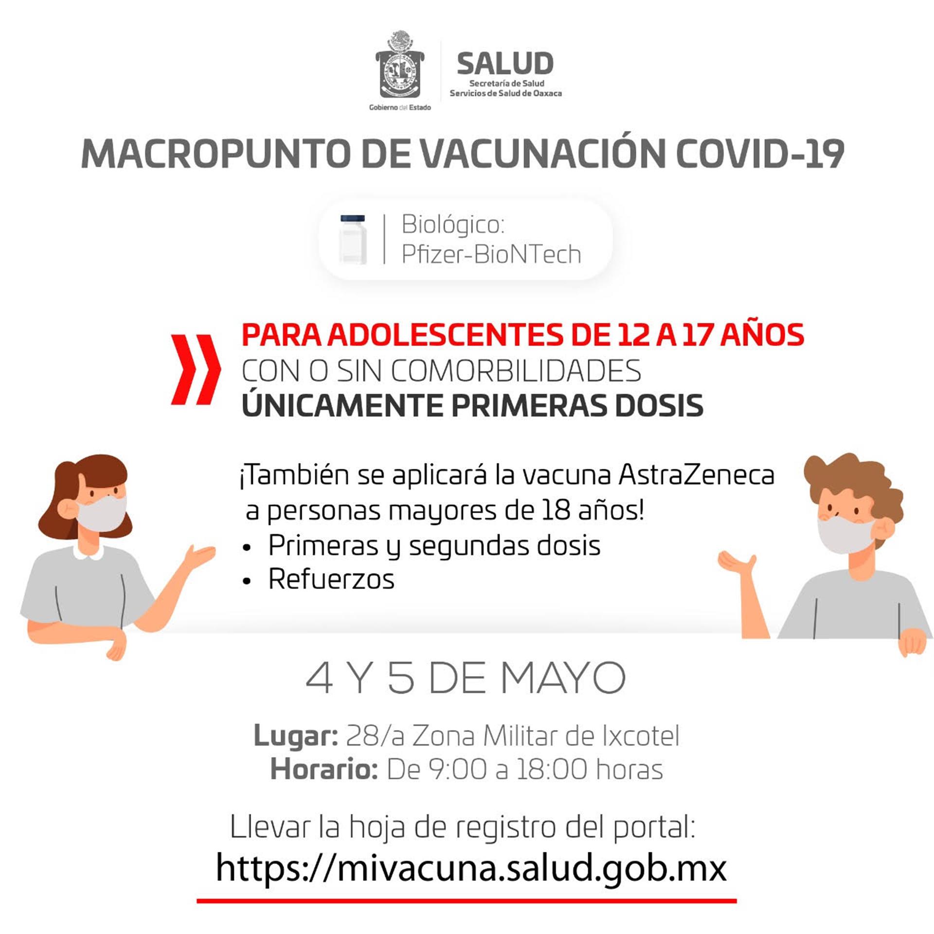 Este 4 y 5 de mayo inicia vacunación antiCOVID-19 para menores de 12 a 17 años: SSO