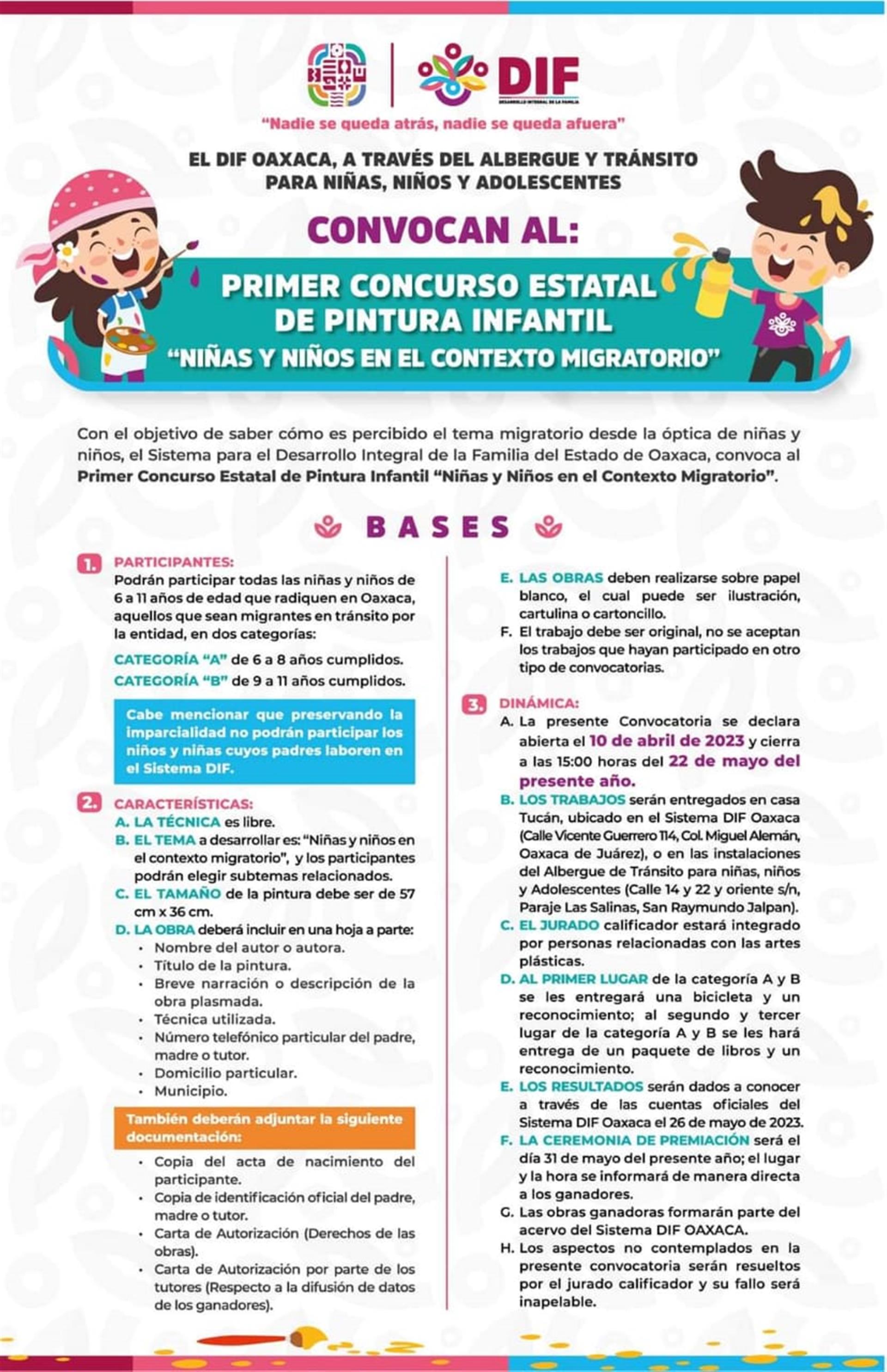 Convocan a participar en el Primer Concurso Estatal de Pintura Infantil "Niñas y Niños en el Contexto Migratorio"