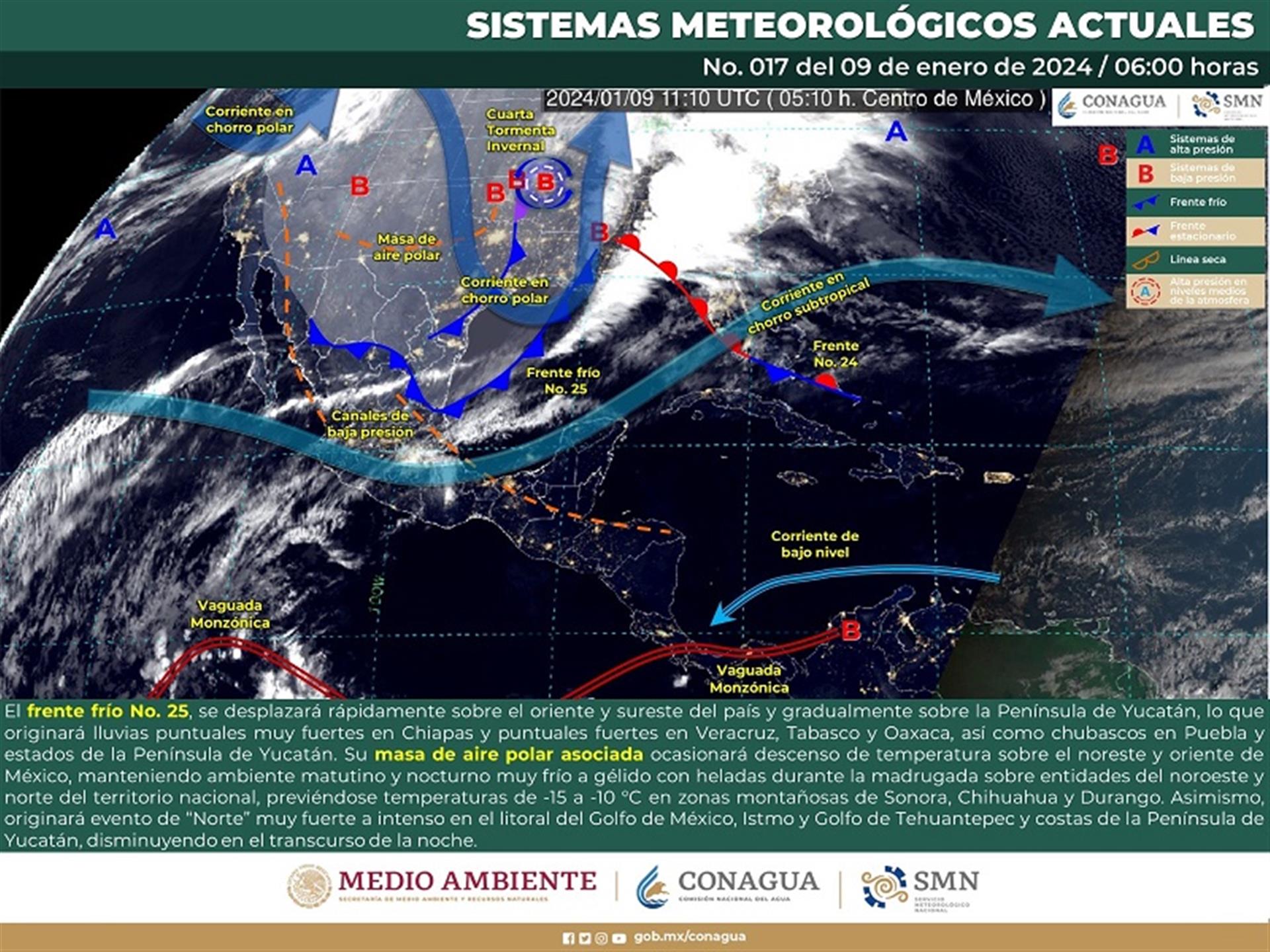 Frente frío número 25 provocará precipitaciones, bajas temperaturas y fuertes vientos en mayor parte del estado