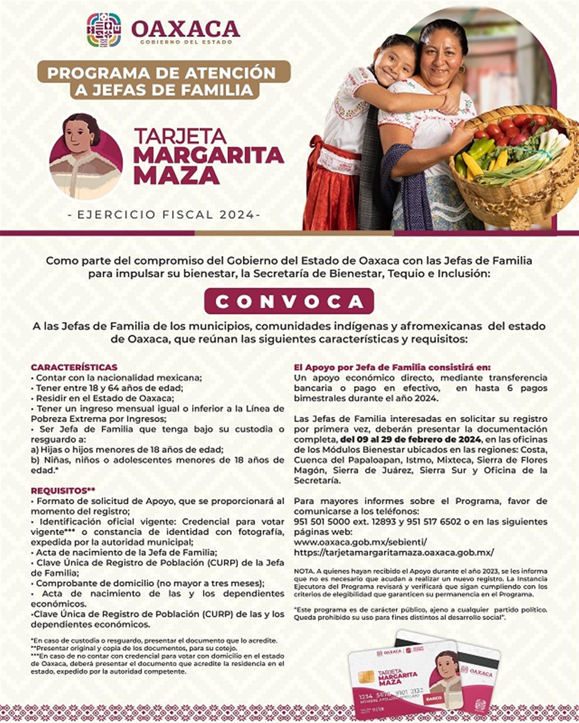 Lanza Gobierno de Oaxaca convocatoria para programa Atención a Jefas de Familia, Tarjeta Margarita Maza 2024