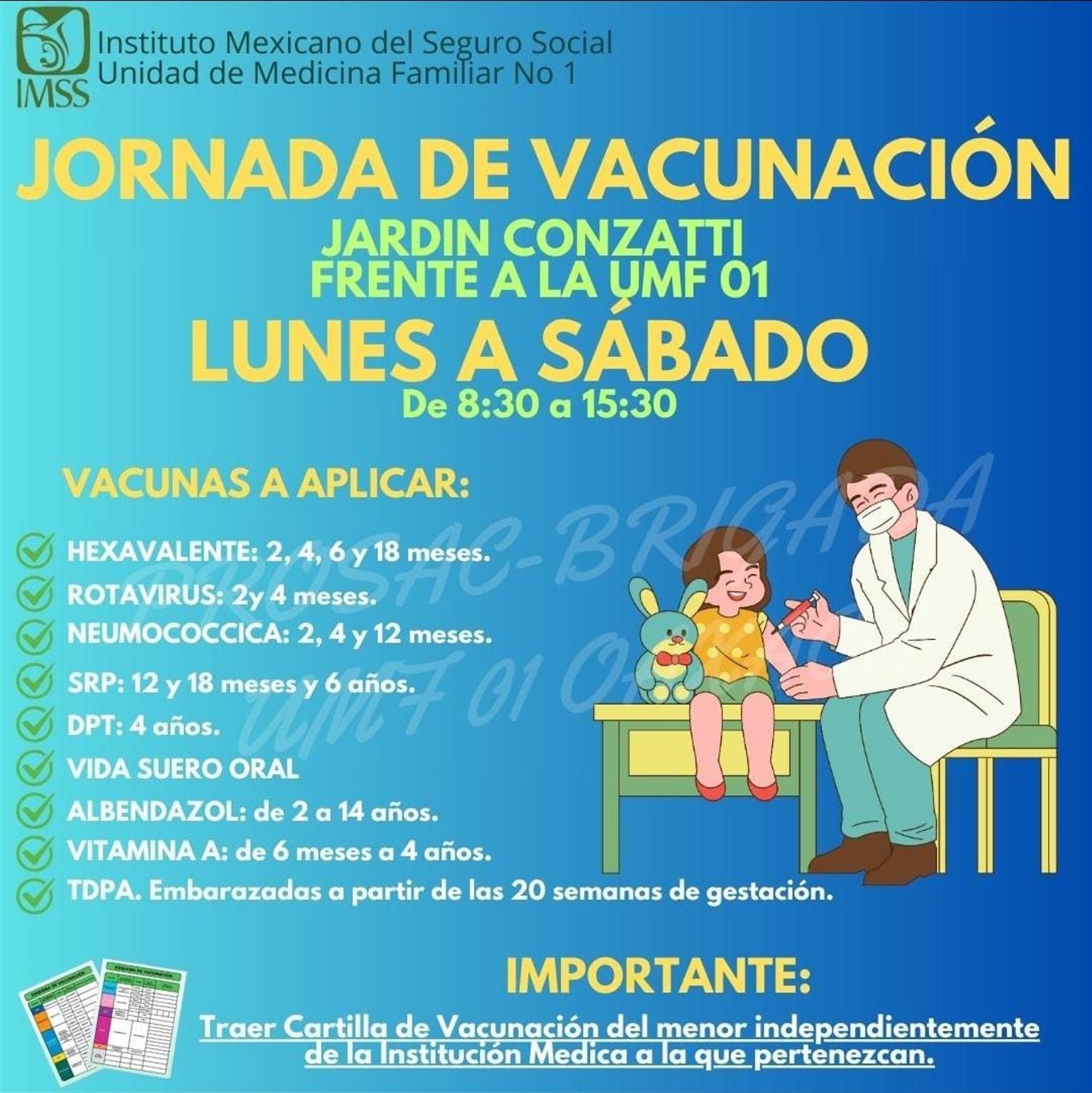 JORNADA DE VACUNACIÓN EN EL JARDIN CONZATTI DE LUNES A SÁBADO DE 8:30 A 15:30 HORAS.